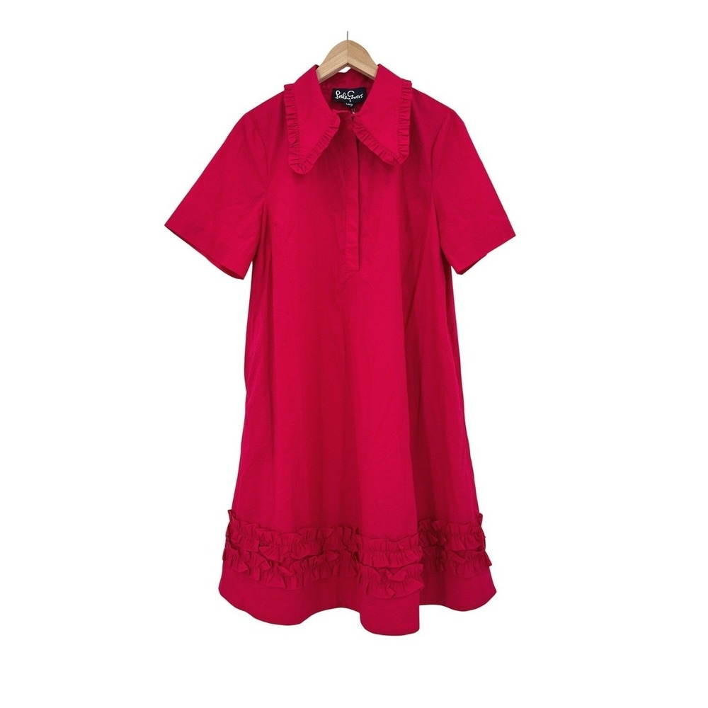 Lesley Evers Harper Magenta Pink Cotton Ruffle Collar Shift Dress Large NWT READ